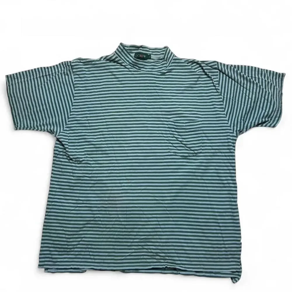 J.Crew Oarsman Vintage 90s Green 100% Cotton Striped Mock Neck Large